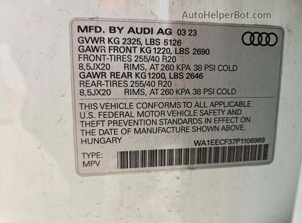 WA1EECF37P1106969 2023 AUDI Q3 White VIN կոդի պիտակի տեսք