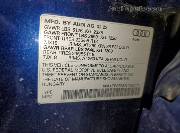 WA1EECF38N1092772 2022 AUDI Q3 Blue Vista del compartimento del motor