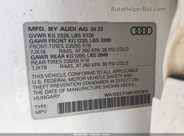 WA1EECF38R1037812 2024 AUDI Q3 White Widok komory silnika