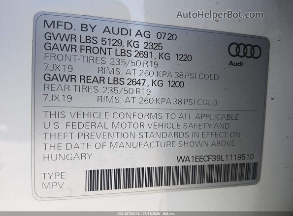 WA1EECF39L1119510 2020 AUDI Q3 White Շարժիչի բաժամունքի տեսք