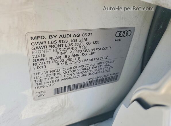 WA1EECF39M1148555 2021 AUDI Q3 White Vista de la etiqueta del VIN