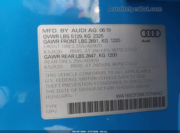 WA1EECF3XK1074642 2019 AUDI Q3 Blue Widok komory silnika