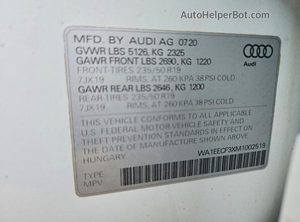 WA1EECF3XM1002519 2021 AUDI Q3 White VIN կոդի պիտակի տեսք