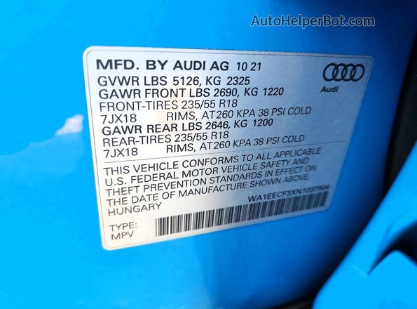 WA1EECF3XN1037904 2022 AUDI Q3 Blue Вид наклейки з VIN-кодом