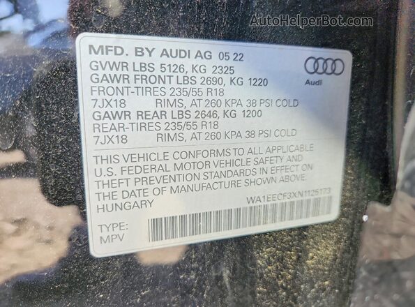 WA1EECF3XN1125173 2022 AUDI Q3 Black Вид наклейки з VIN-кодом