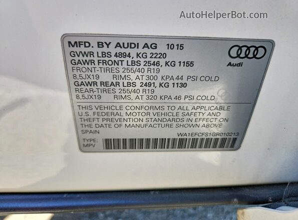 WA1EFCFS1GR010213 2016 AUDI Q3 White Widok naklejki z numerem VIN