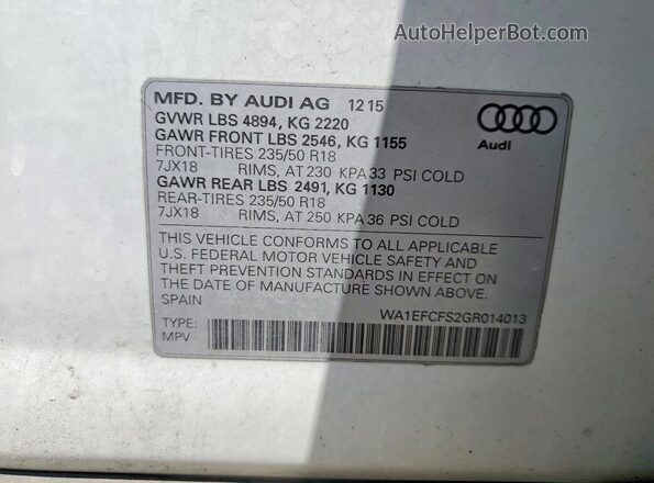 WA1EFCFS2GR014013 2016 AUDI Q3 White VIN կոդի պիտակի տեսք
