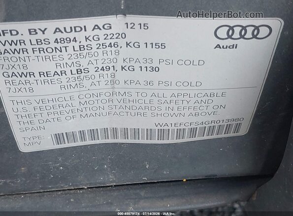 WA1EFCFS4GR013980 2016 AUDI Q3 Серый Вид подкапотного пространства
