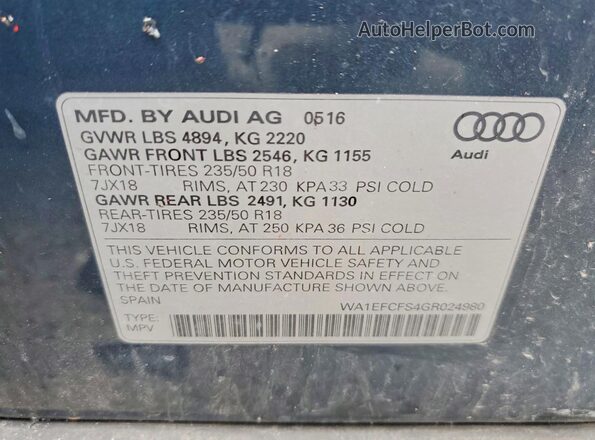 WA1EFCFS4GR024980 2016 AUDI Q3 Blue Vista de la etiqueta del VIN
