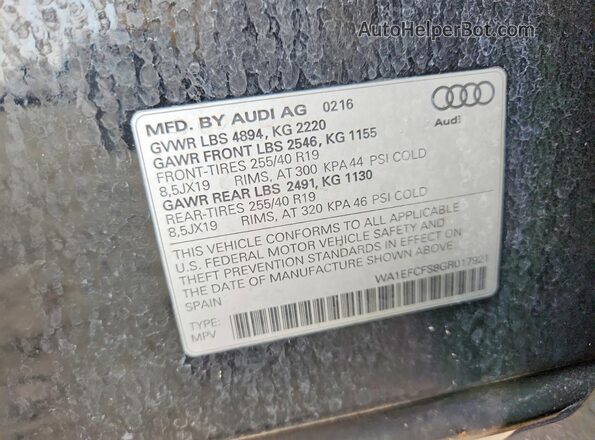 WA1EFCFS8GR017921 2016 AUDI Q3 Black VIN sticker view