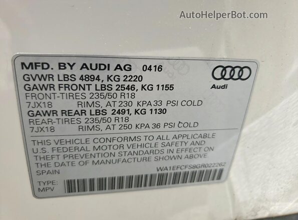 WA1EFCFS8GR022262 2016 AUDI Q3 White ძრავის განყოფილების ხედი