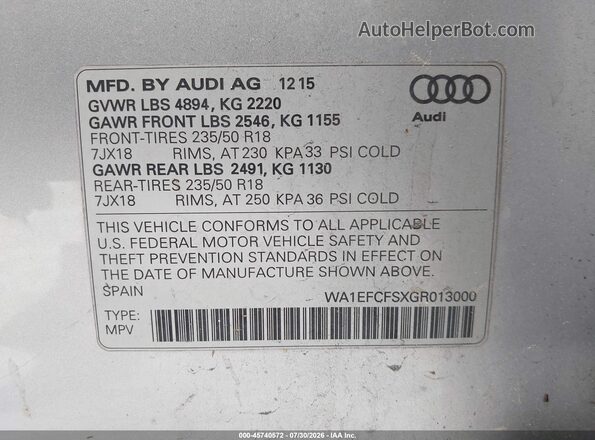 WA1EFCFSXGR013000 2016 AUDI Q3 Silver Widok komory silnika