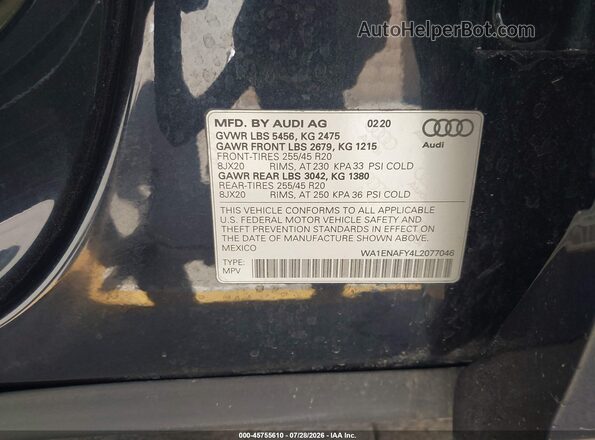 WA1ENAFY4L2077046 2020 AUDI Q5 Blue ძრავის განყოფილების ხედი