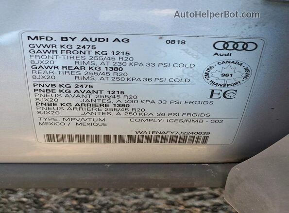 WA1ENAFY7J2240639 2018 AUDI Q5 Silver Вид наклейки з VIN-кодом