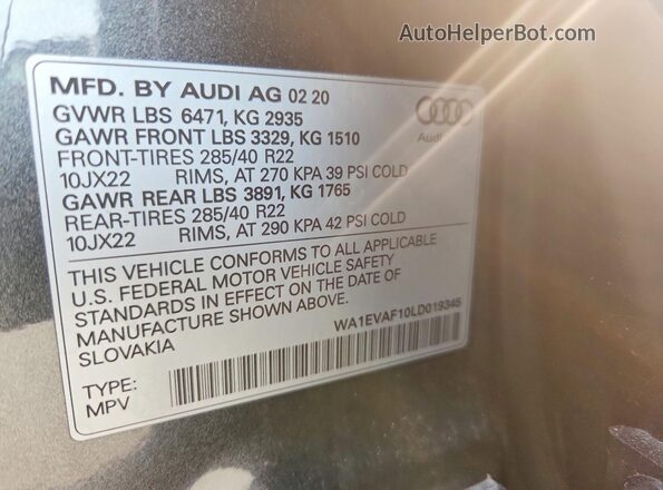 WA1EVAF10LD019345 2020 AUDI Q8 Серый Панорамный вид салона 360°