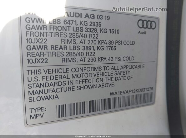 WA1EVAF13KD031276 2019 AUDI Q8 White Vista del compartimento del motor