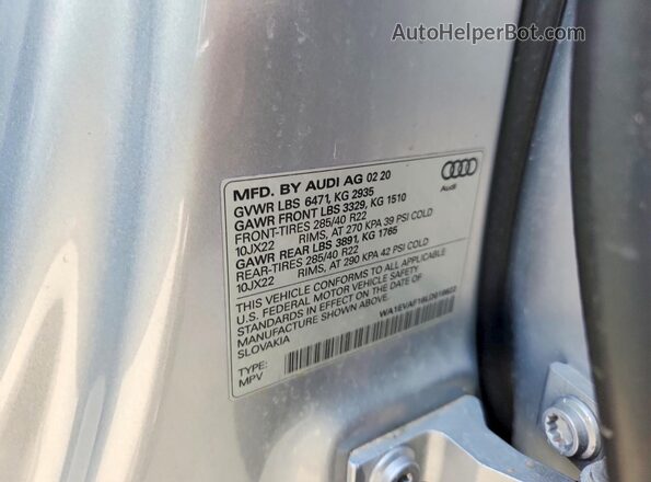 WA1EVAF16LD018622 2020 AUDI Q8 Серебряный Вид наклейки с VIN-кодом