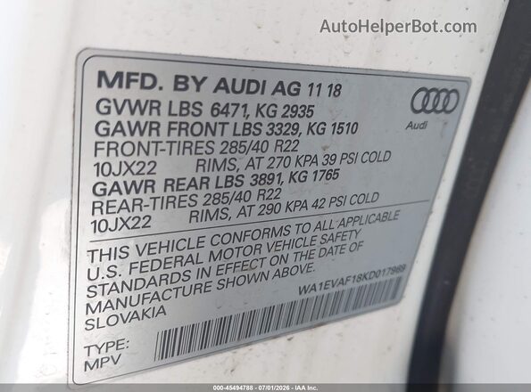 WA1EVAF18KD017969 2019 AUDI Q8 White Շարժիչի բաժամունքի տեսք