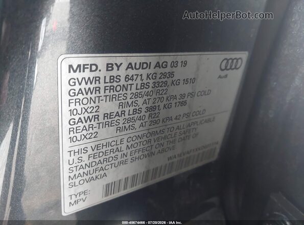 WA1EVAF1XKD031114 2019 AUDI Q8 Gray ძრავის განყოფილების ხედი