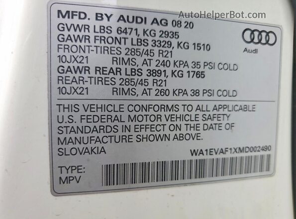WA1EVAF1XMD002490 2021 AUDI Q8 White VIN კოდის სტიკერის ხედი
