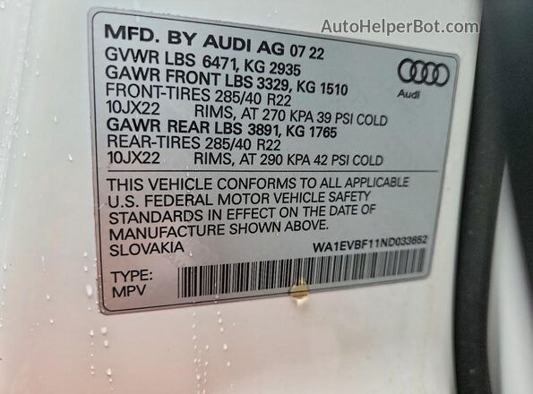 WA1EVBF11ND033652 2022 AUDI Q8 White Вид наклейки з VIN-кодом