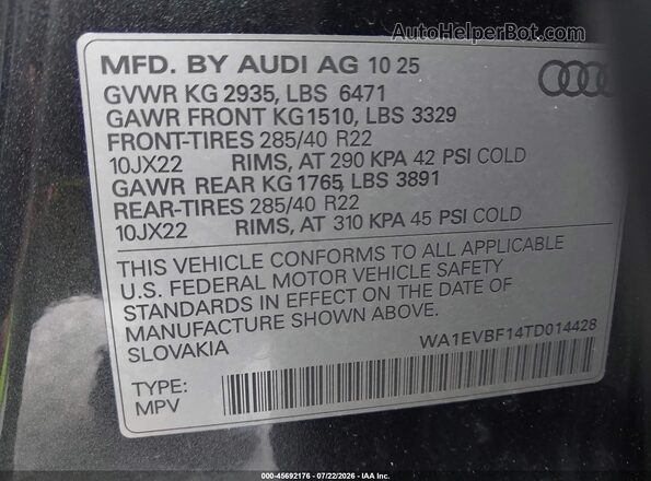 WA1EVBF14TD014428 2026 AUDI Q8 Gray Engine compartment view
