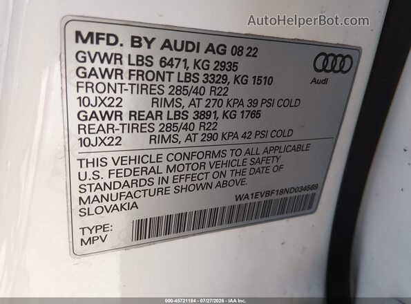 WA1EVBF18ND034569 2022 AUDI Q8 White Engine compartment view