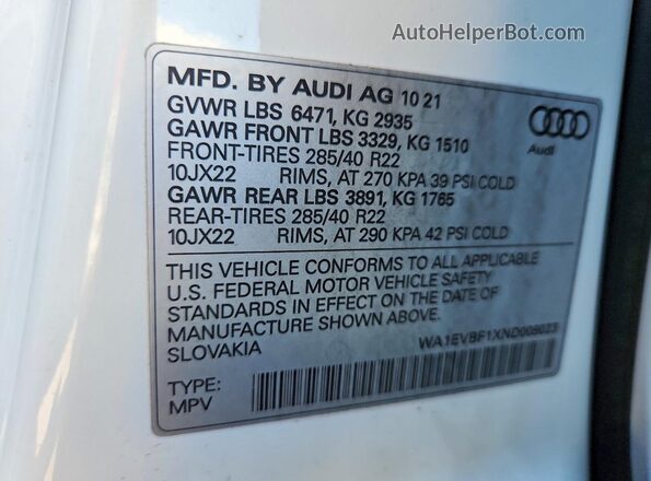 WA1EVBF1XND008023 2022 AUDI Q8 White ძრავის განყოფილების ხედი