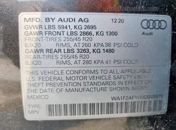 WA1F2AFY0M2045970 2021 AUDI Q5 Серый Вид наклейки с VIN-кодом