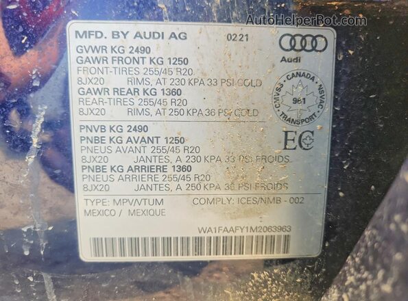 WA1FAAFY1M2063963 2021 AUDI Q5 Синий Вид наклейки с VIN-кодом