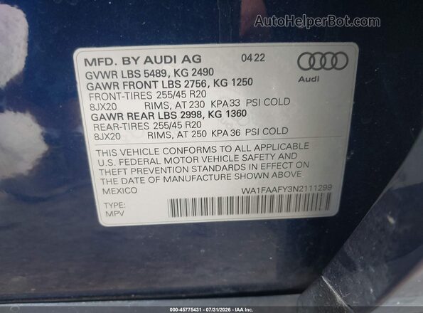 WA1FAAFY3N2111299 2022 AUDI Q5 Синий Вид подкапотного пространства