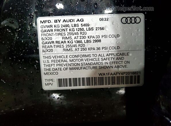 WA1FAAFY4P2016821 2023 AUDI Q5 Черный Вид наклейки с VIN-кодом
