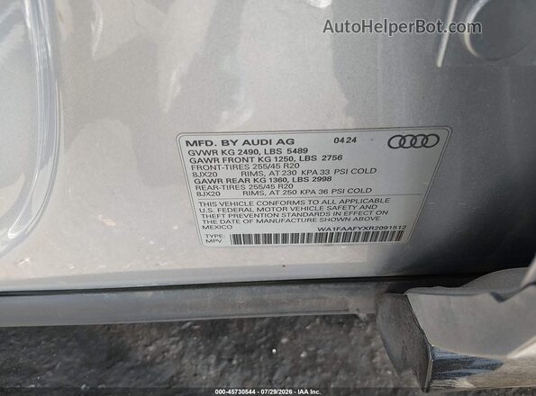 WA1FAAFYXR2091512 2024 AUDI Q5 Silver ძრავის განყოფილების ხედი
