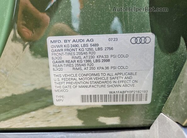 WA1FABFY0P2182193 2023 AUDI Q5 Зеленый Вид наклейки с VIN-кодом