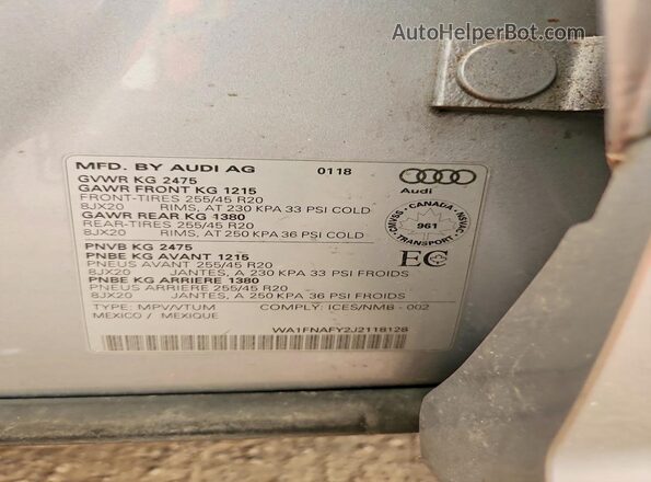 WA1FNAFY2J2118128 2018 AUDI Q5 Серебряный Вид наклейки с VIN-кодом