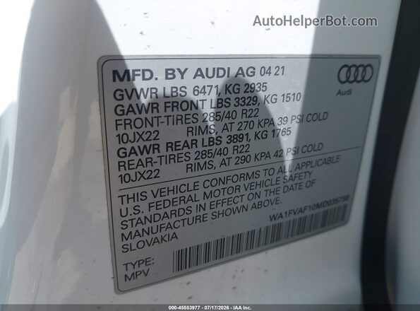 WA1FVAF10MD035759 2021 AUDI Q8 White Engine compartment view