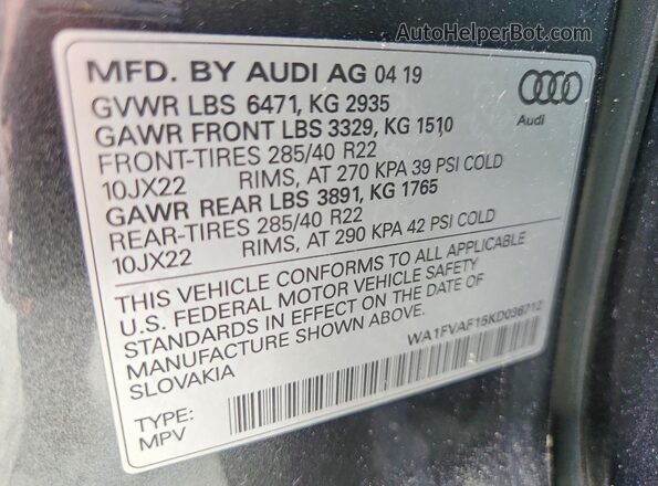 WA1FVAF15KD036712 2019 AUDI Q8 Gray 360 interior view