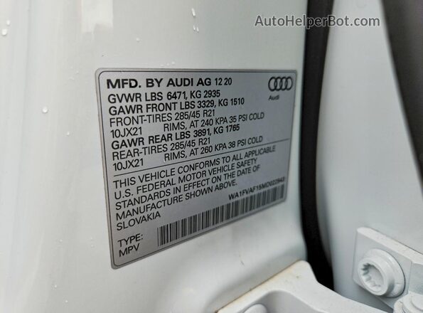 WA1FVAF15MD022943 2021 AUDI Q8 White Панорамний вид салону 360°