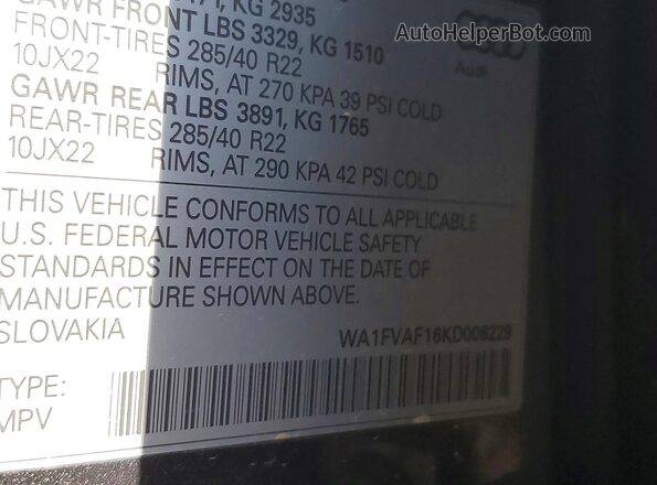 WA1FVAF16KD006229 2019 AUDI Q8 Gray Вид наклейки з VIN-кодом