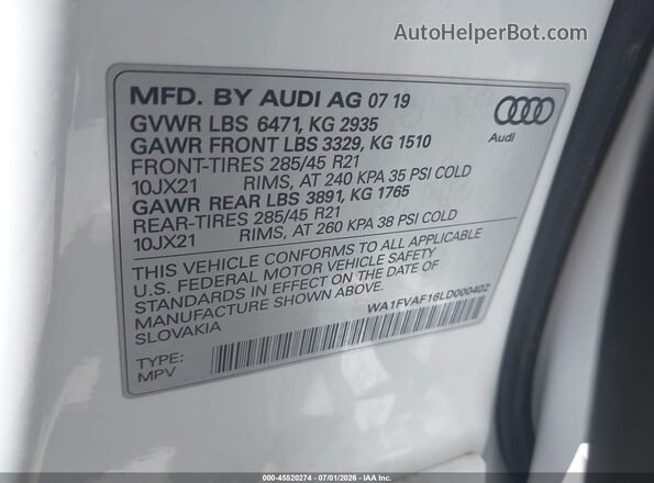 WA1FVAF16LD000402 2020 AUDI Q8 White Widok komory silnika