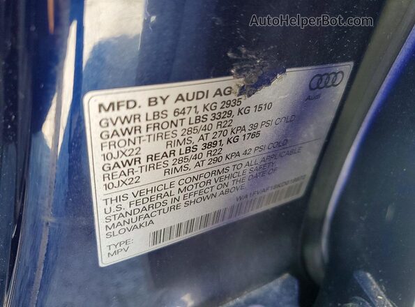 WA1FVAF18KD019872 2019 AUDI Q8 Blue Вид наклейки з VIN-кодом
