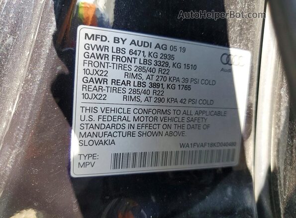 WA1FVAF18KD040480 2019 AUDI Q8 Black VIN კოდის სტიკერის ხედი