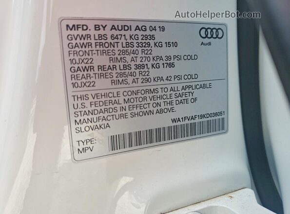 WA1FVAF19KD036051 2019 AUDI Q8 White Вид наклейки з VIN-кодом