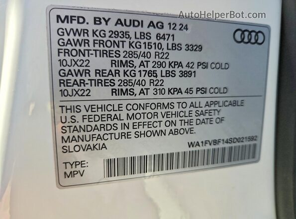 WA1FVBF14SD021592 2025 AUDI Q8 White Вид наклейки з VIN-кодом