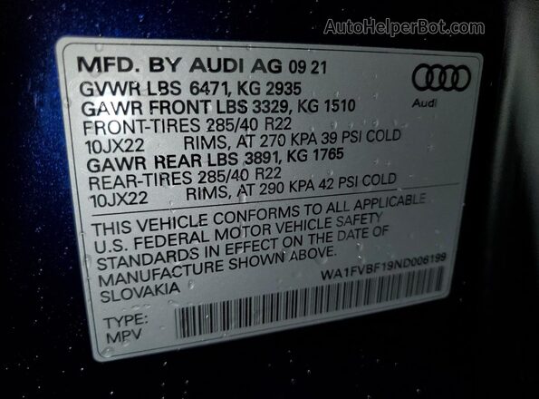 WA1FVBF19ND006199 2022 AUDI Q8 Blue VIN sticker view