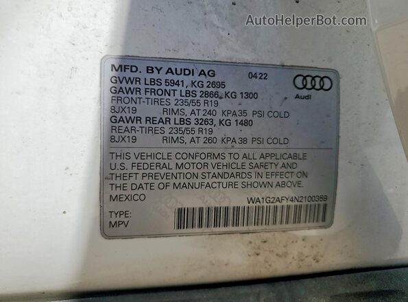 WA1G2AFY4N2100359 2022 AUDI Q5 White Widok naklejki z numerem VIN