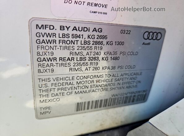 WA1G2AFY6N2081362 2022 AUDI Q5 White VIN կոդի պիտակի տեսք