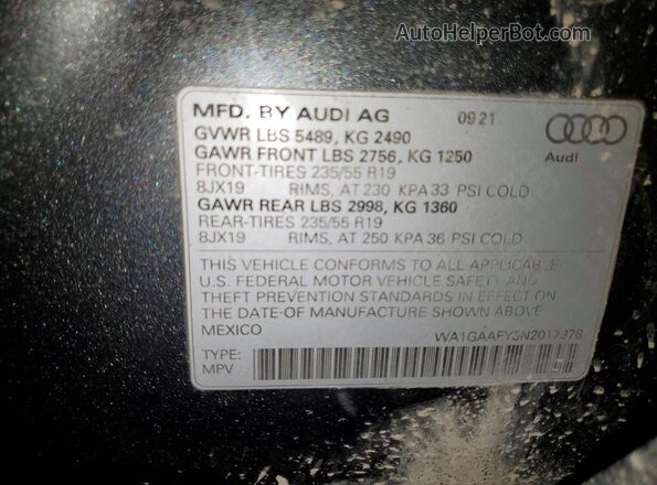 WA1GAAFY5N2017378 2022 AUDI Q5 Серый Вид наклейки с VIN-кодом