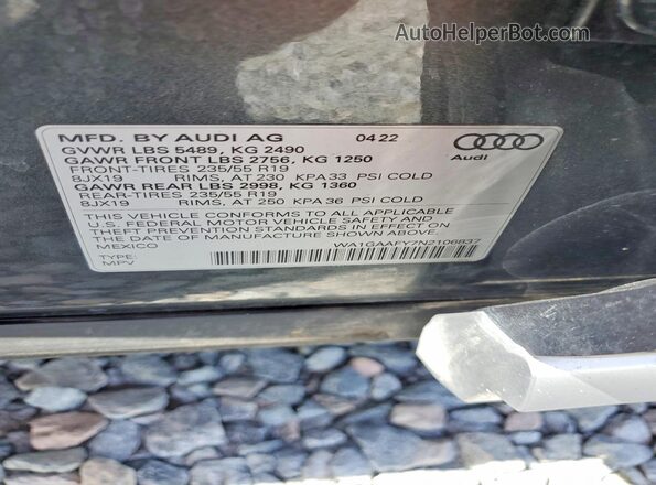 WA1GAAFY7N2106837 2022 AUDI Q5 Gray Widok naklejki z numerem VIN