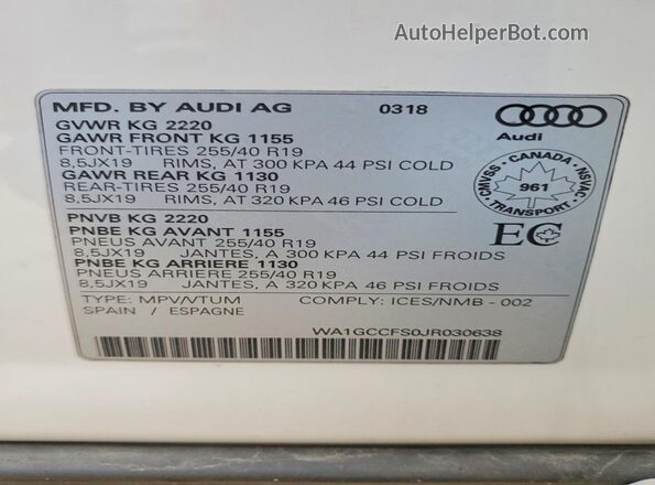 WA1GCCFS0JR030638 2018 AUDI Q3 White VIN კოდის სტიკერის ხედი